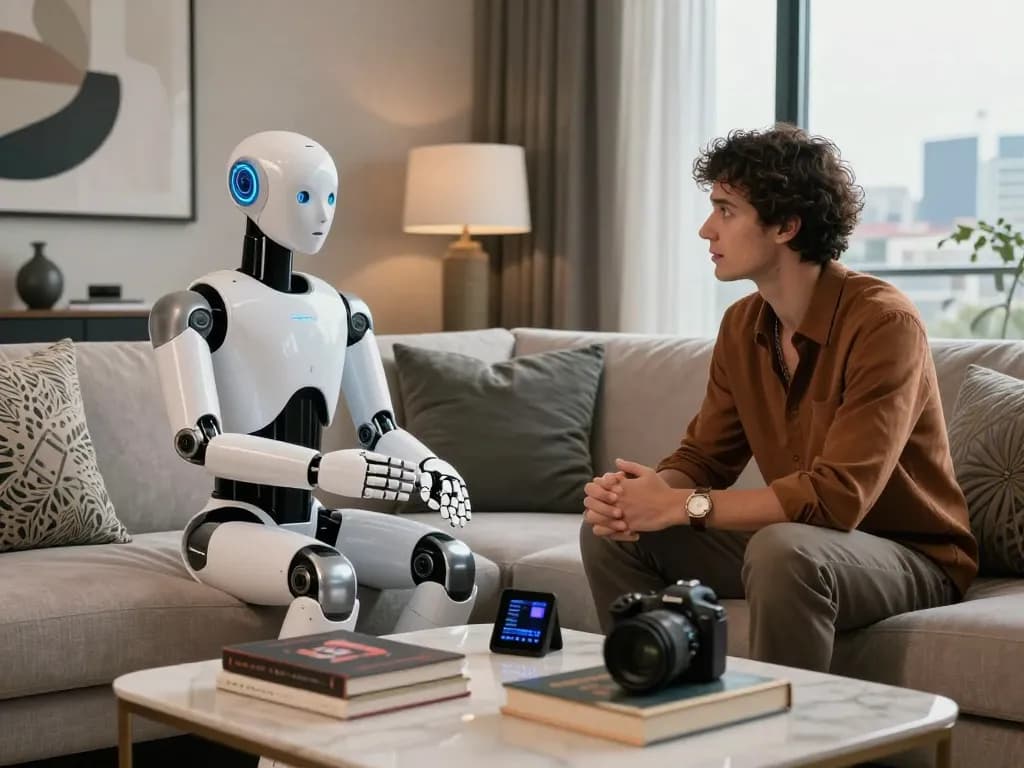 A couple exploring emotional connections with a humanoid sex bot in a modern, inviting intimate setting.