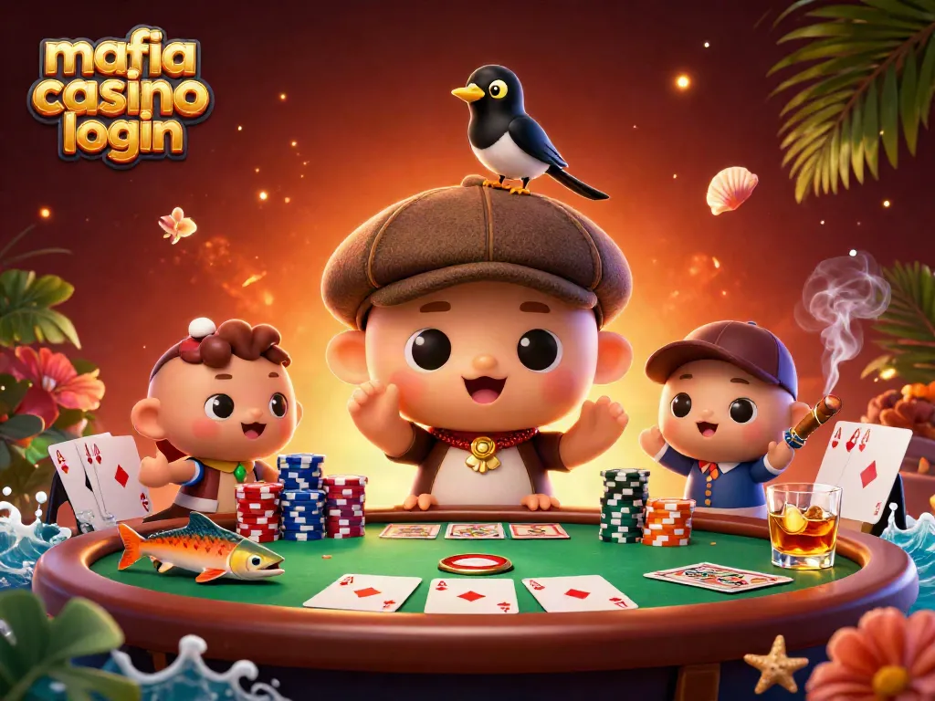 Experience the excitement of mafia casino login with vibrant 3D characters at a poker table.
