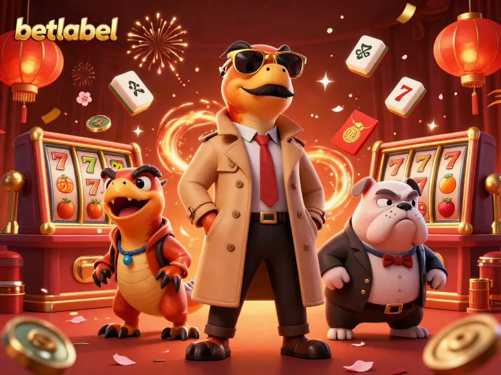 betlabel's three raptors cleverly disguised enter a VIP casino, surrounded by festive game elements.