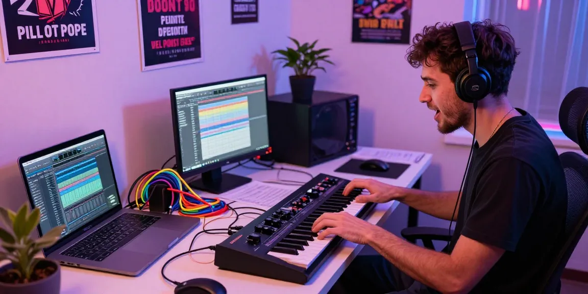 Musician actively using SC88 sound module in a colorful modern workspace with ambient lighting.
