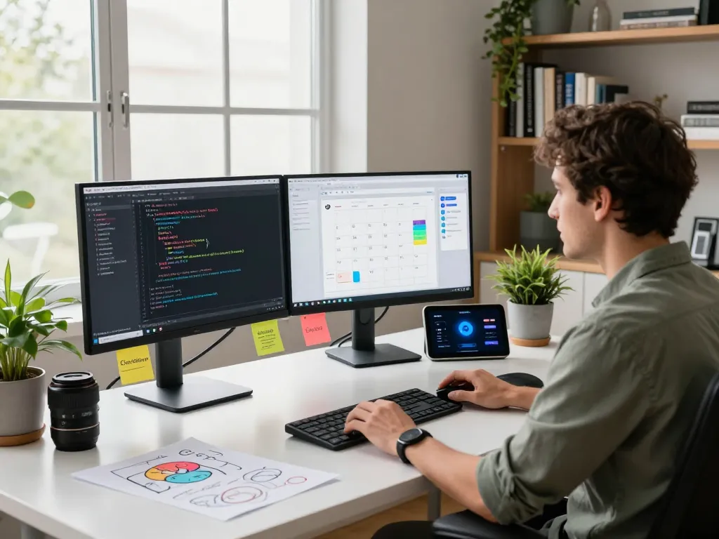 Developer using Clawdbot in a modern office workspace with multiple monitors and tech tools.