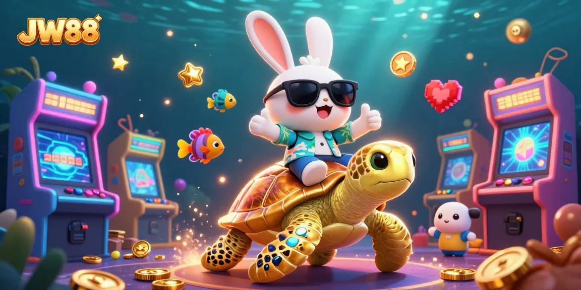Experience the fun of JW88 with a vibrant underwater casino scene featuring a lucky rabbit and a golden turtle.