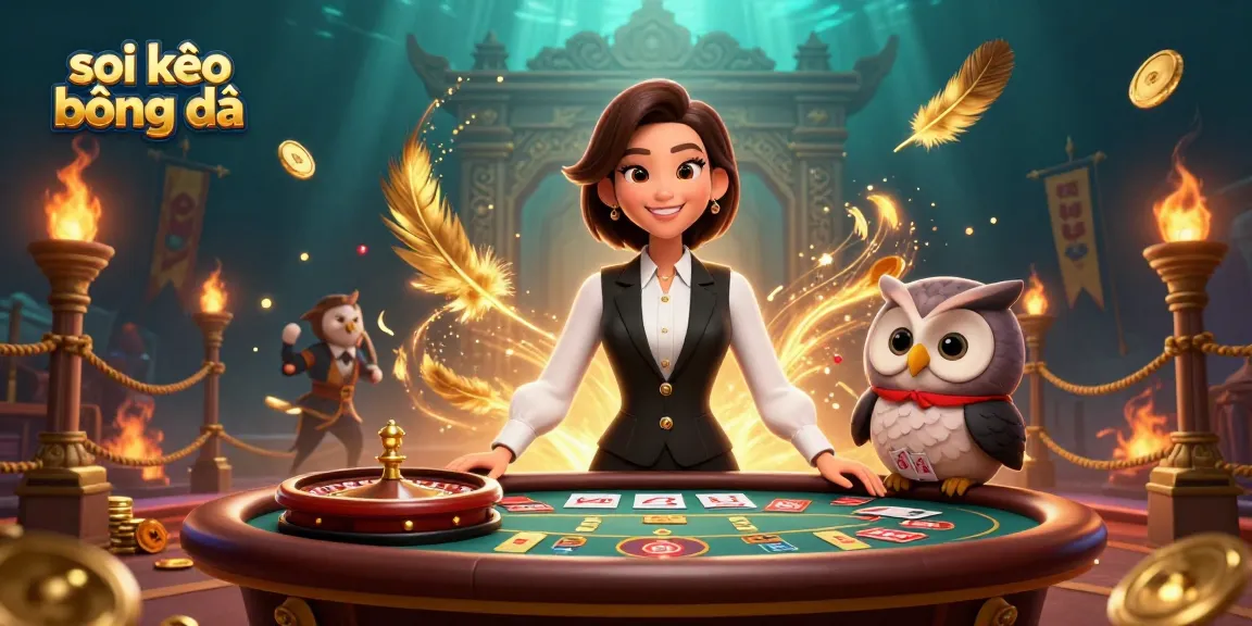 Soi kèo bóng đá with a professional Asian dealer and owl assistant surrounded by gambling elements in a vibrant casino scene.