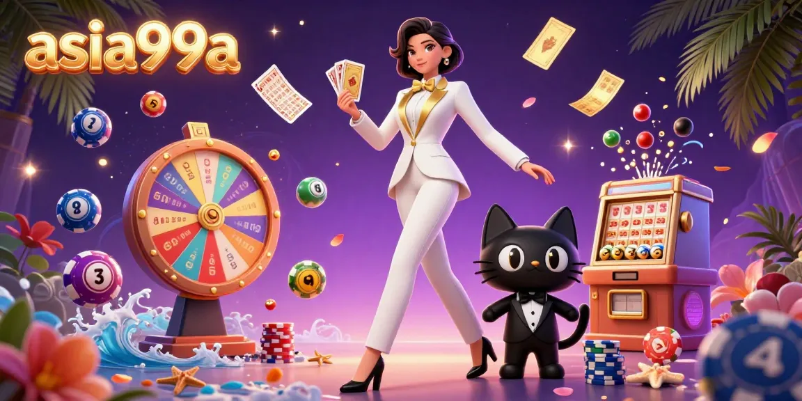 Engage with the vibrant action at asia99a with a glamorous dealer and playful cat amidst colorful casino elements.