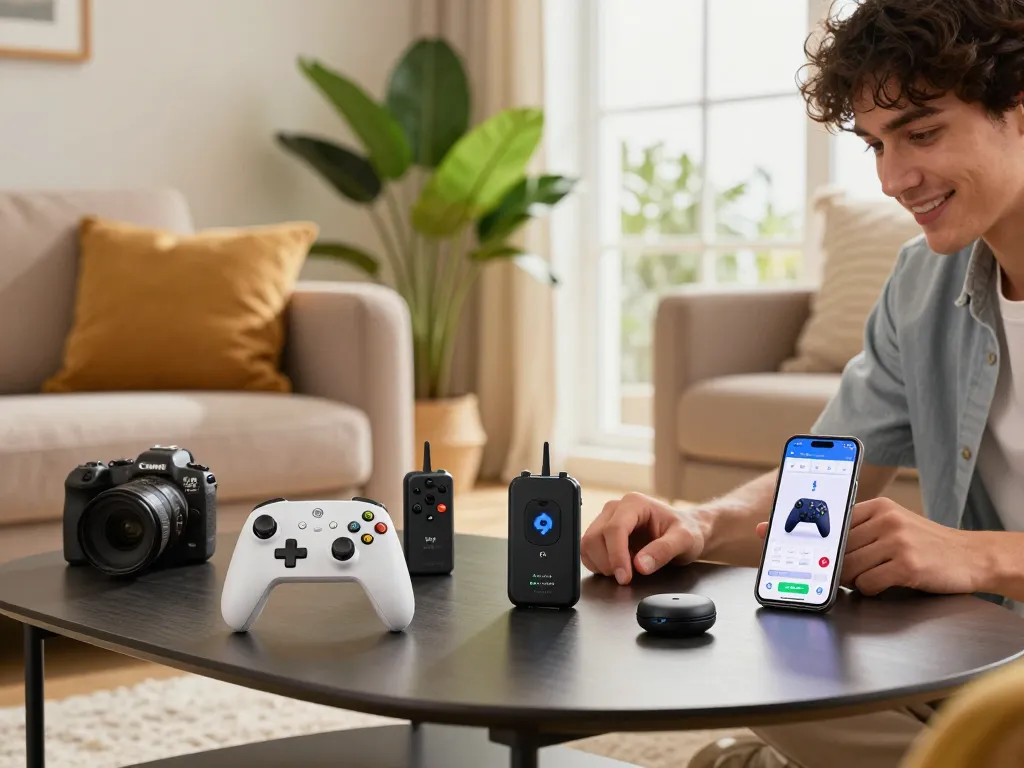 Engaging lifestyle scene featuring affordable tech gadgets, including Bluetooth controllers and trackers, in a modern living room.