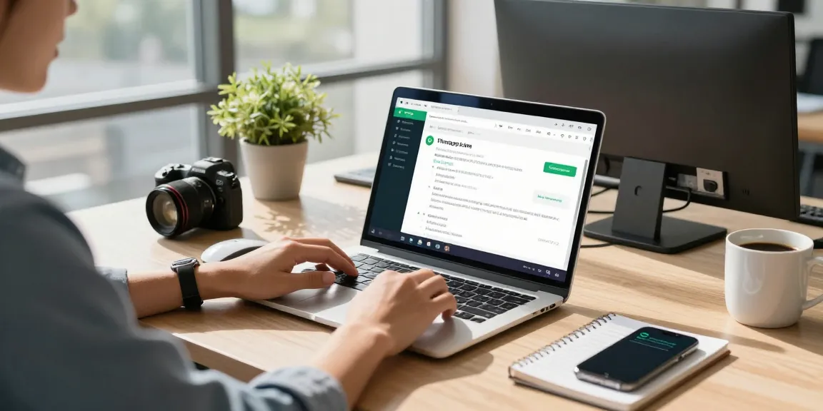 Professional using WhatsApp網頁版 on a sleek laptop in a modern workspace