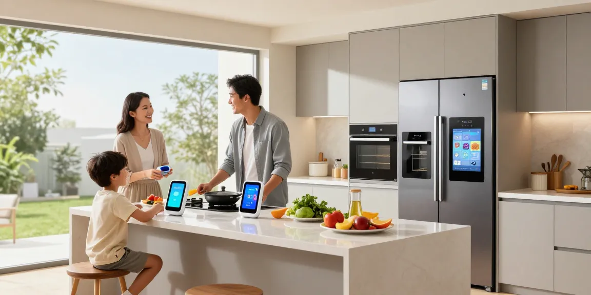 Family enjoying modern home electronics with rokok88 solutions in a bright, inviting kitchen.