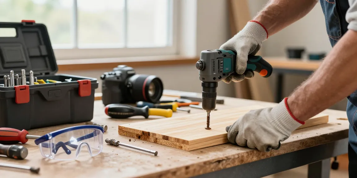 Un cacciavite a percussione utilizzato in un laboratorio di miglioramento casa per svitare un pannello di legno.