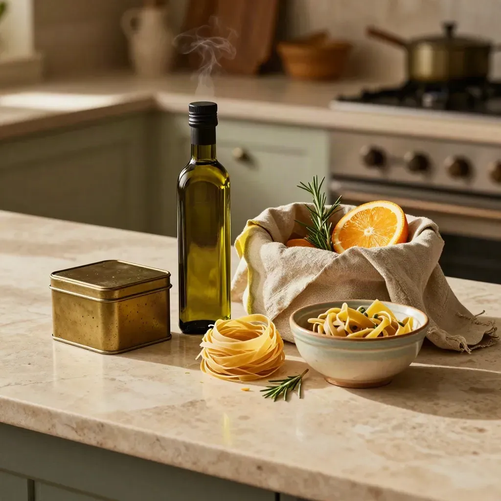 Cesto gourmet toscano con olio, pasta, biscotti, agrumi e rosmarino su lastra chiara.