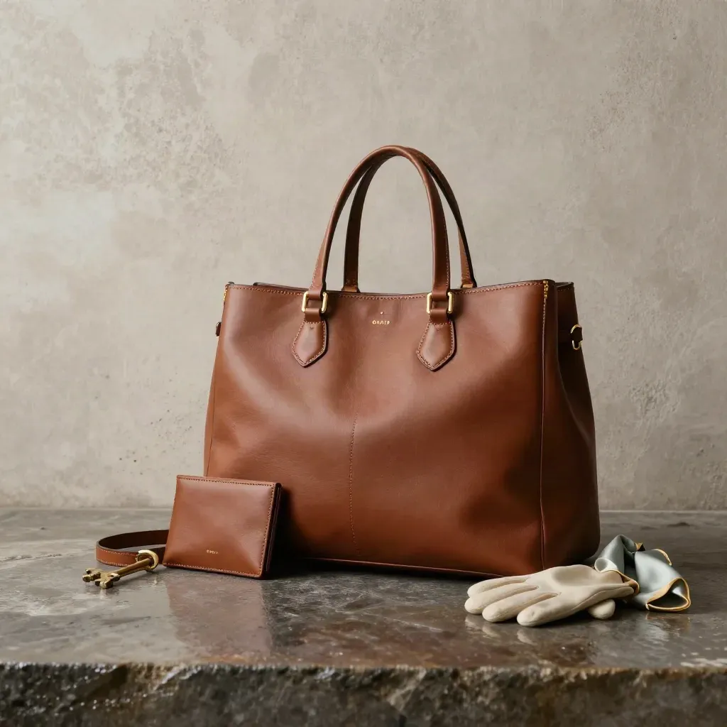 Borsa tote in pelle con accessori su pietra bagnata, luce alba e nebbia