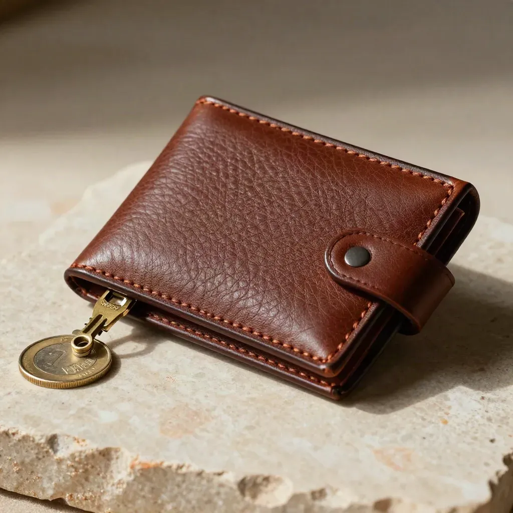 Portafoglio in pelle cognac con anello in ottone e moneta su pietra chiara.
