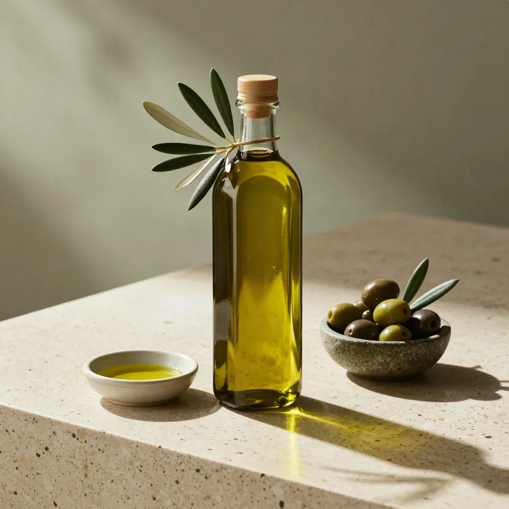 Bottiglia di olio EVO siciliano con olive e ceramiche su pietra, luce calda.