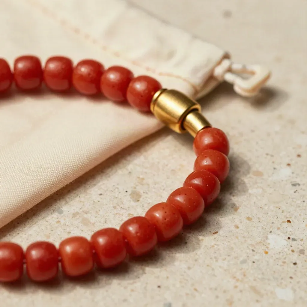 Bracciale di corallo rosso con chiusura in ottone su pietra chiara e sacchetto di seta.