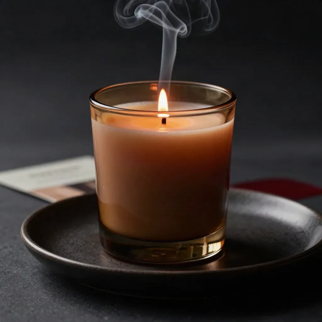 Candela ambra e muschio in vetro fumé con coperchio bronzo, su vassoio nero, con filo di fumo.