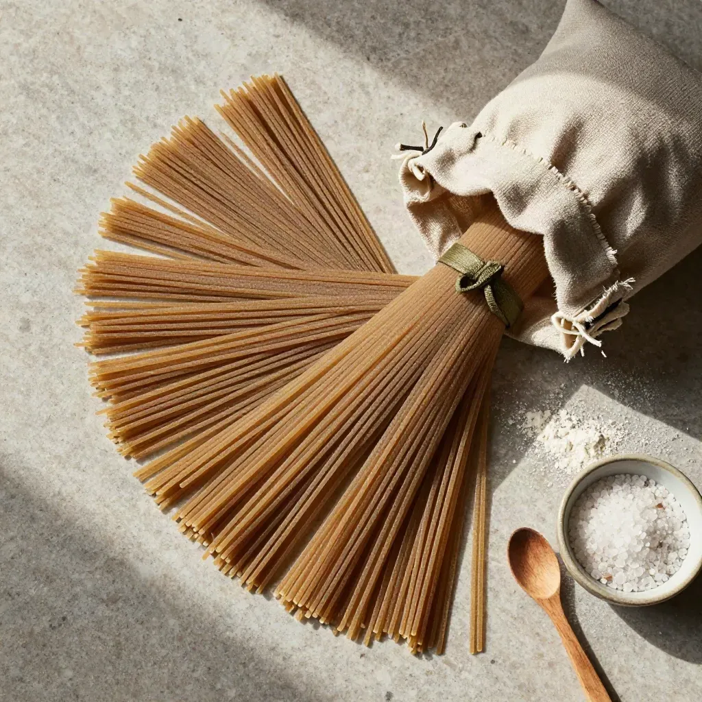 Pasta di Gragnano con sacco di lino, cucchiaio in legno e sale grosso su travertino.