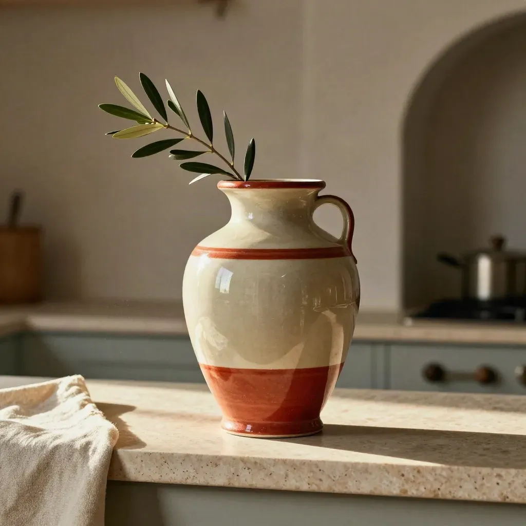 Vaso Vietri rosso e crema con ramo d’ulivo su travertino, luce radente e sfondo morbido.