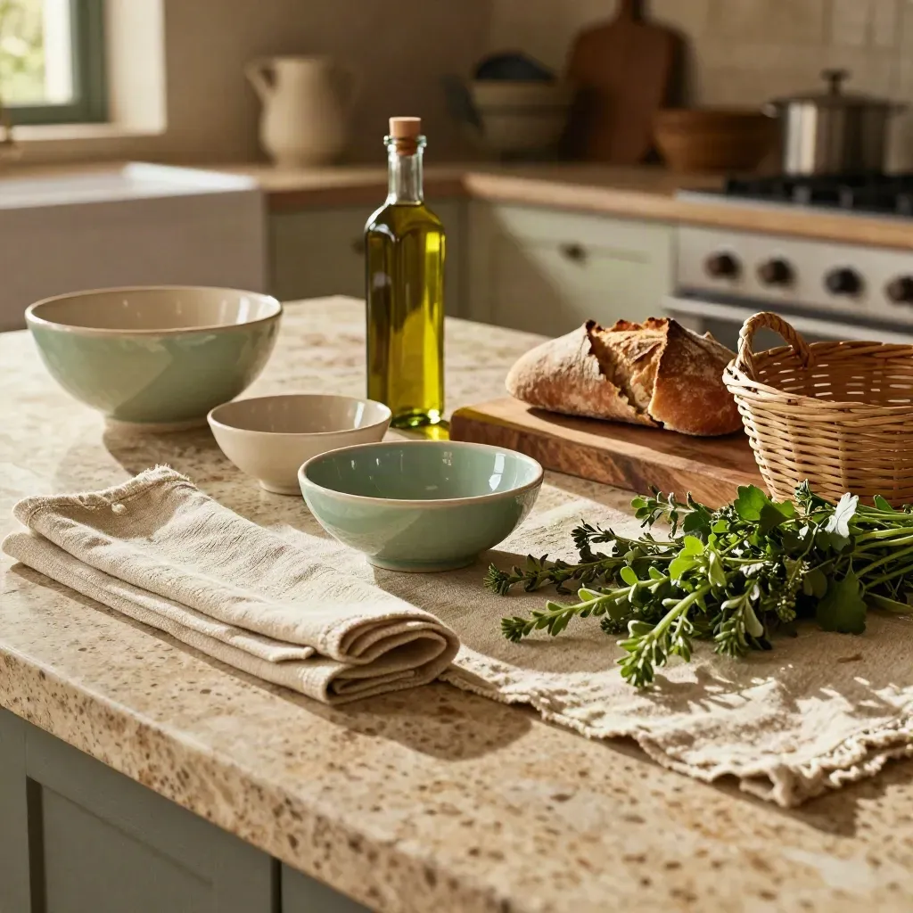 Set toscano con ceramiche, lino, olio d’oliva, pane e erbe su travertino.