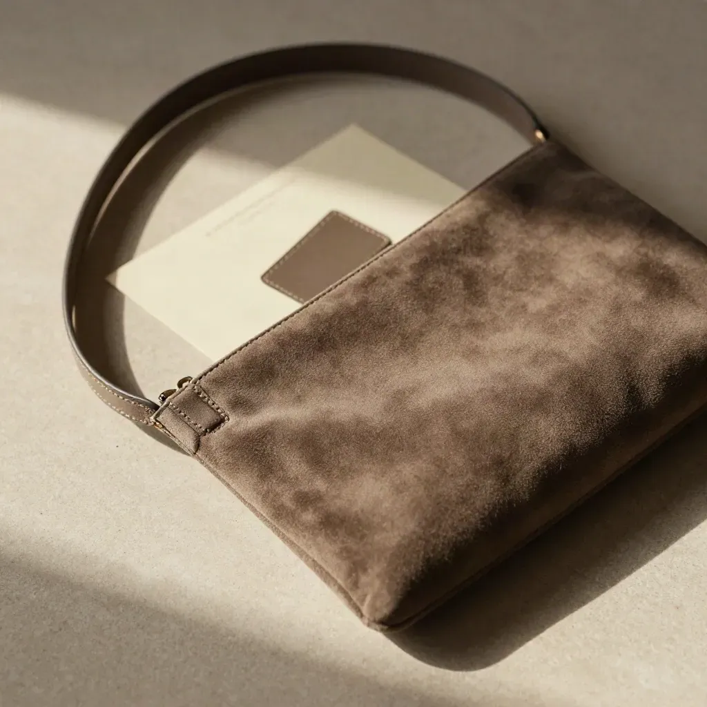 Pochette in suede marrone fumo su pietra chiara con nastro di seta e card sfocata.