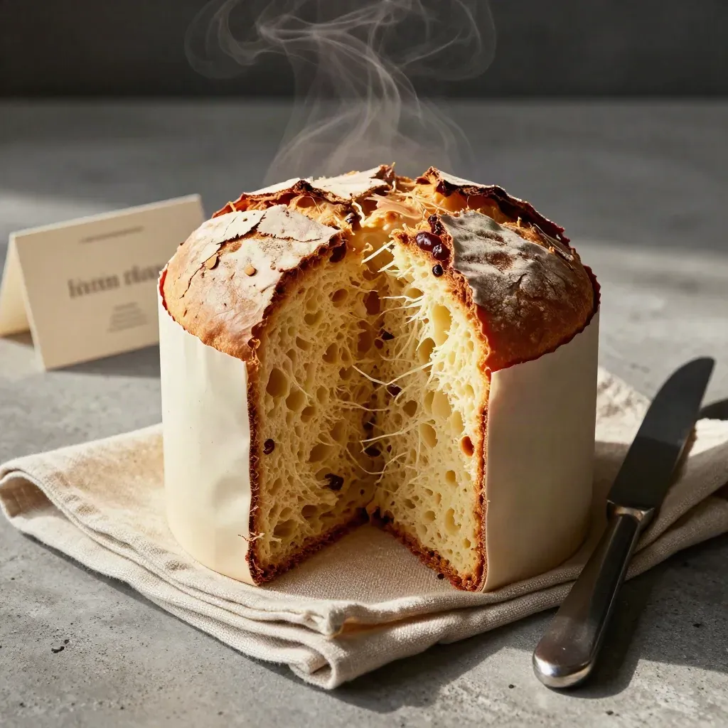 Panettone artigianale tagliato con vapore, tovagliolo di lino e coltellino su fondo caldo.