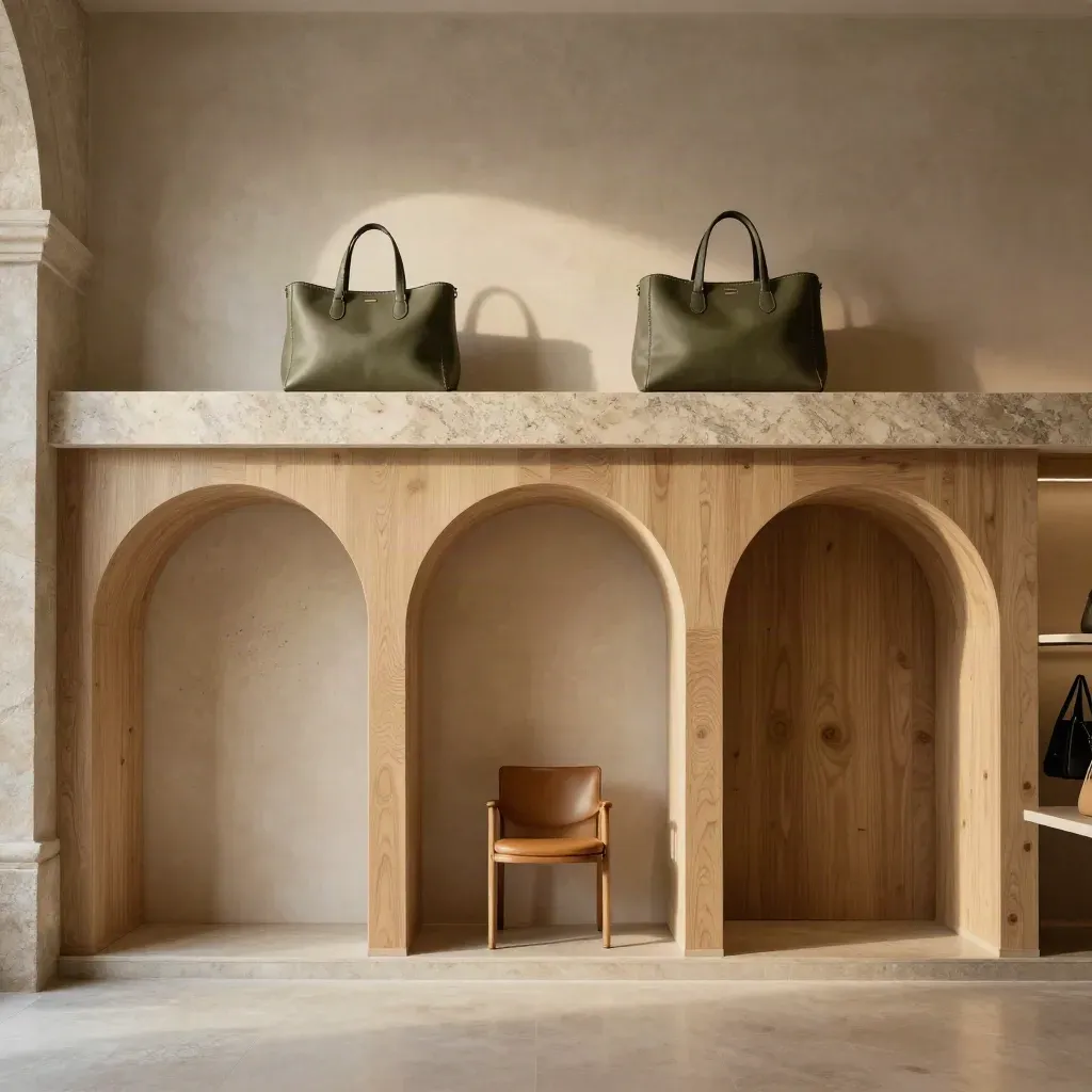 Arcata showroom in legno sbiancato con borse in pelle e luce morbida