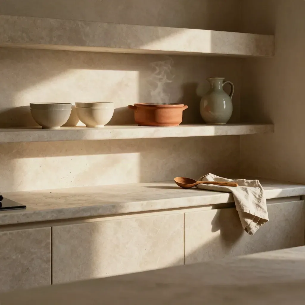 Nicchia di cucina toscana con mensole di maiolica, bowl smaltate e luce del mattino.