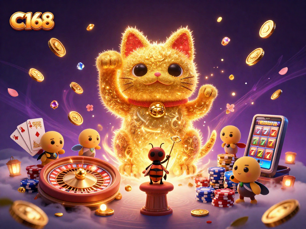 C168 offers exciting gameplay with a giant lucky cat symbol, vibrant casino elements, and enchanting fireflies.