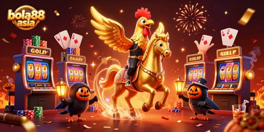 Experience thrills with bola88 asia's vibrant casino scene showcasing a golden rooster and slot machines.