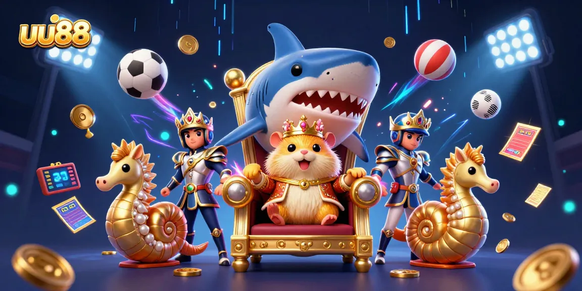 Experience thrilling wins at uu88 with a vivid 3D illustration showcasing exciting casino elements and a royal hamster king.