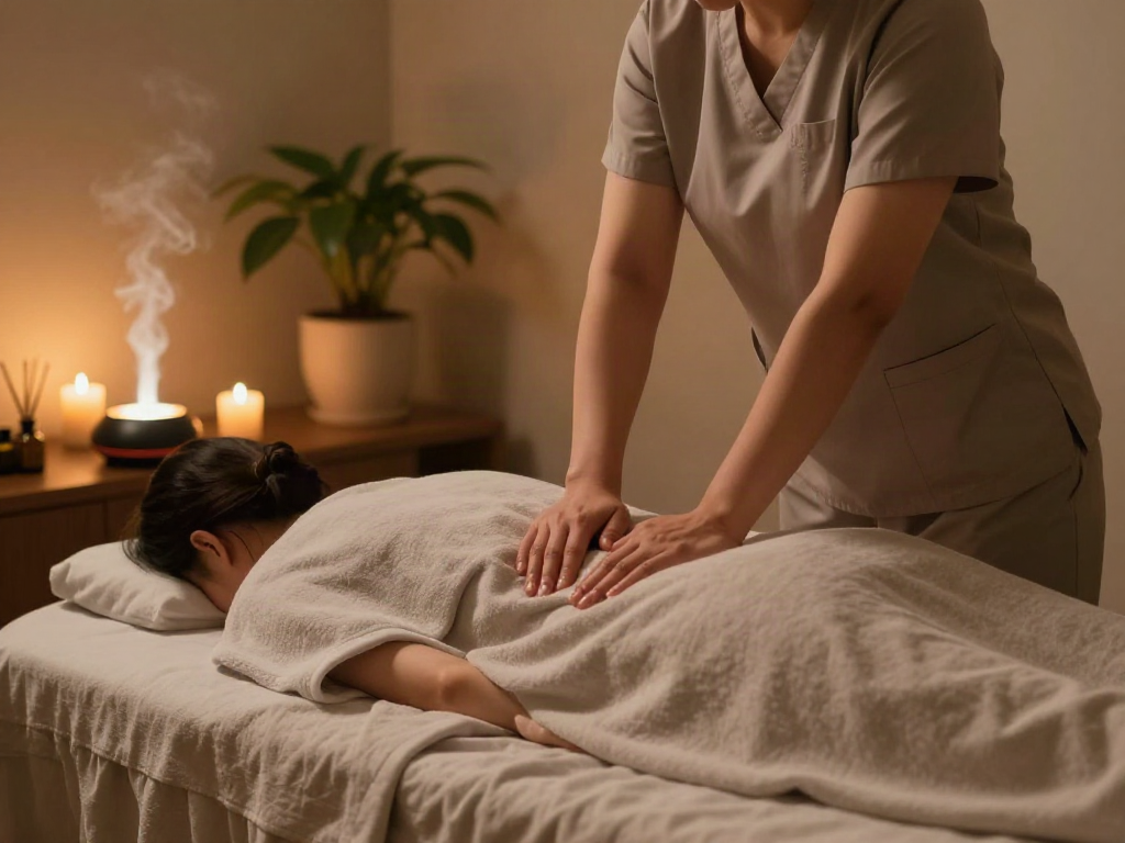 Client receiving professional 연수구출장마사지 in a serene therapy room with calming ambiance.