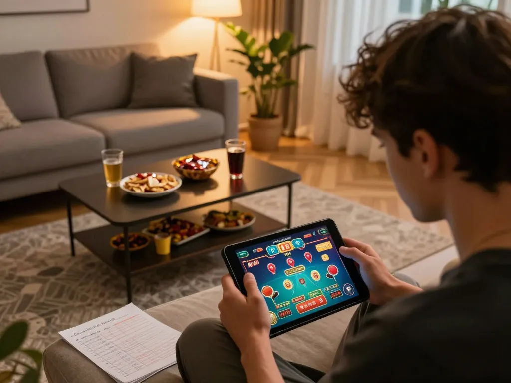 Player enjoying online gambling with f168 casino games on tablet, cozy home setup, strategic atmosphere
