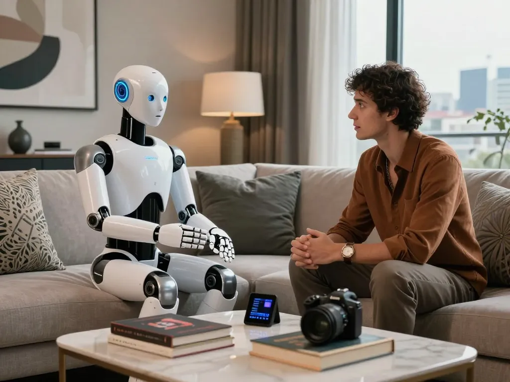 A couple exploring emotional connections with a humanoid sex bot in a modern, inviting intimate setting.