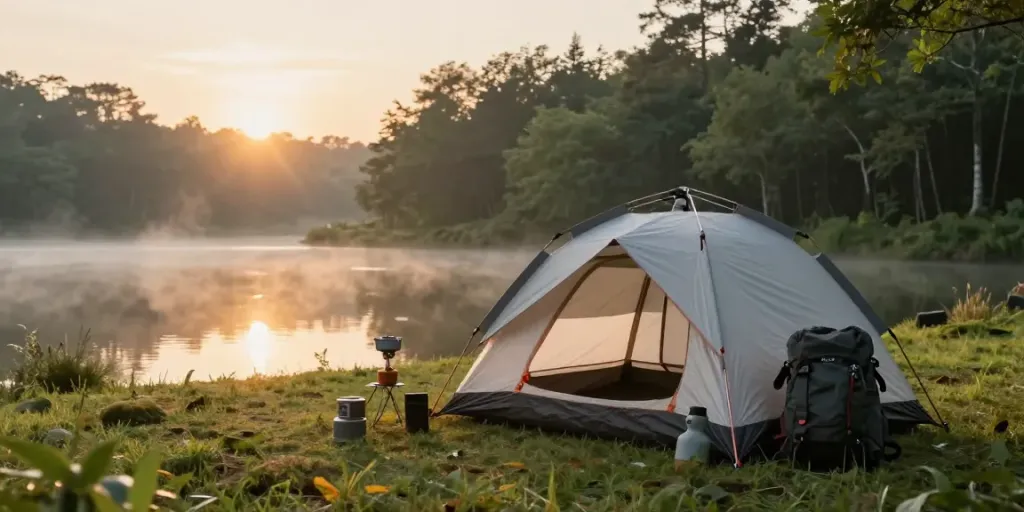 Setting up a tent in nature for the ultimate rokok88 slot login adventure.