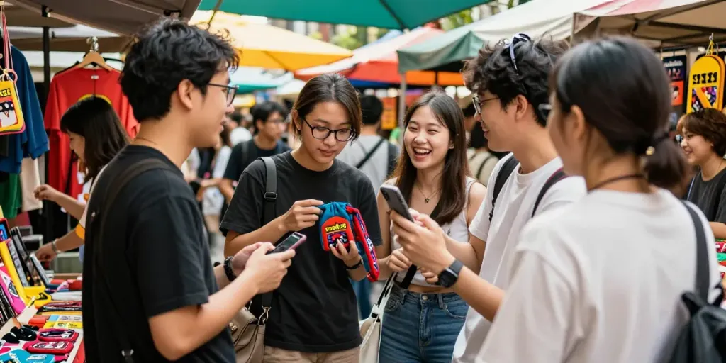 Friends enjoying rokok88 merchandise at a vibrant market.