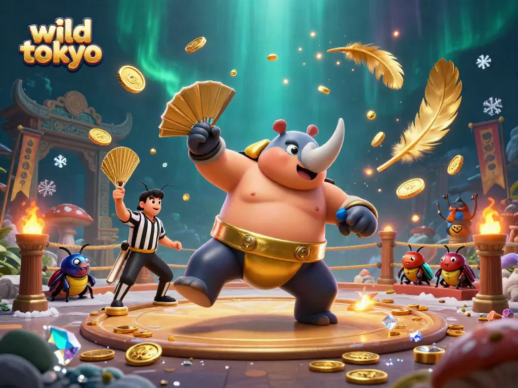Experience wild tokyo's excitement with a dynamic casino scene featuring a sumo beetle champion and vibrant gaming elements.