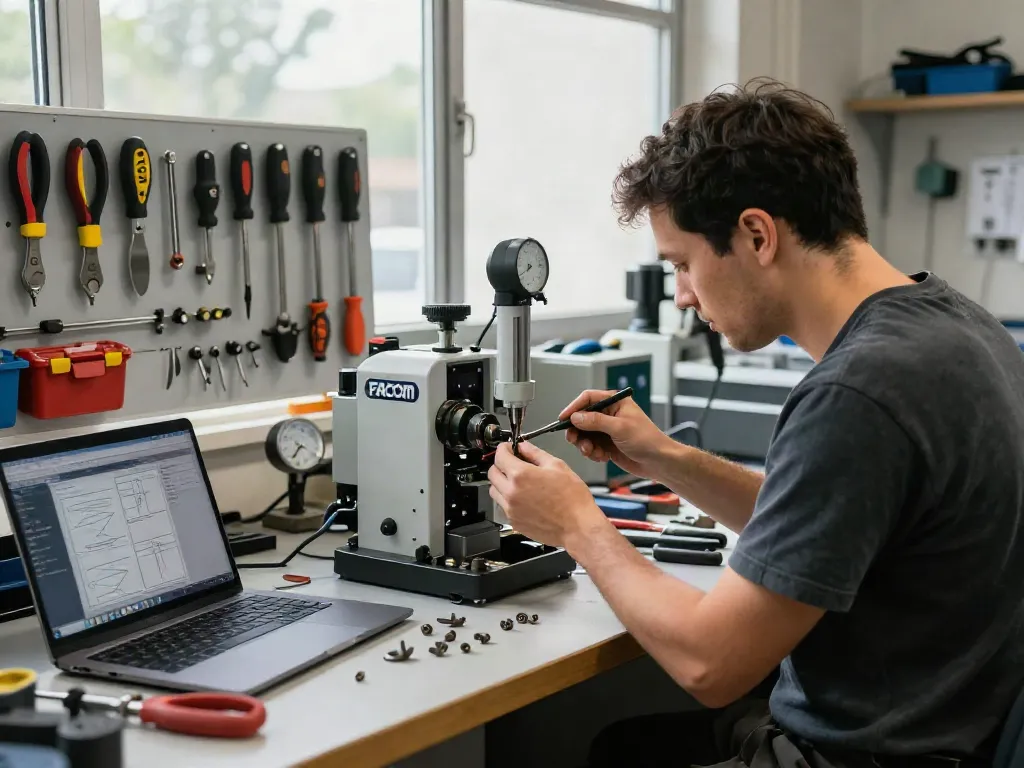 Un tecnico esperto utilizza utensili FACOM Italia in un laboratorio ben organizzato, circondato da strumenti di alta qualità.