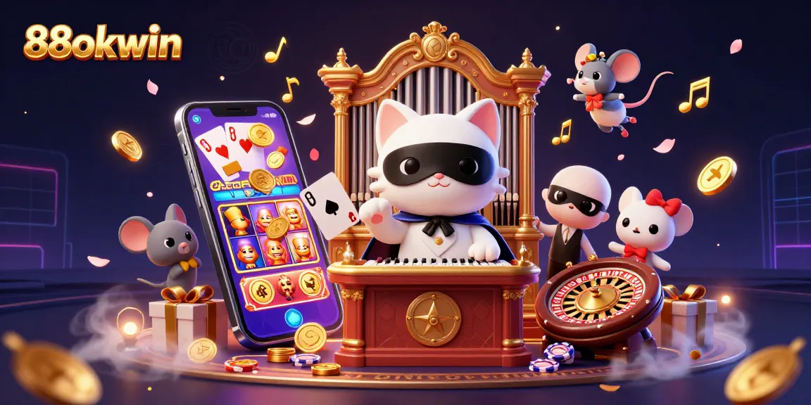 Experience the thrill of 88okwin with a captivating scene featuring a charismatic casino phantom and gaming elements.