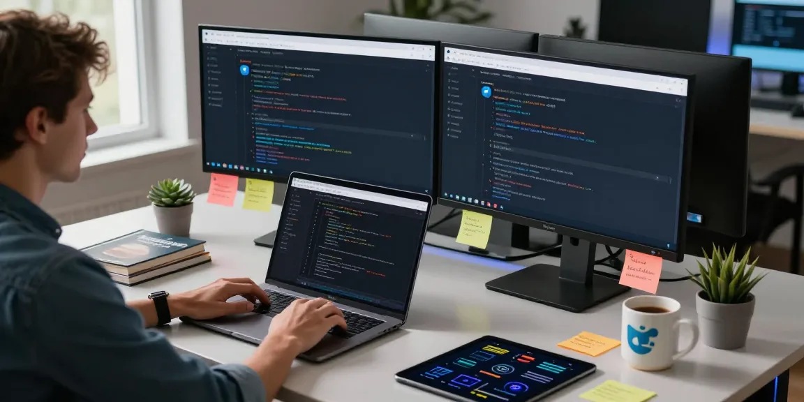 Engaged developer utilizing Telegram web version in a modern workspace with multiple monitors and coding activities.