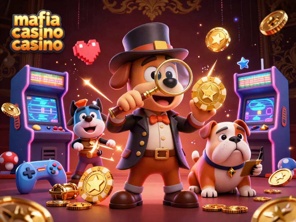 Mafia casino casino theme with a bloodhound detective discovering clues amid arcade machines and gaming icons.