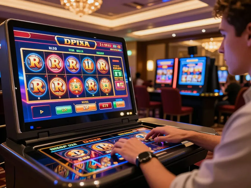 Berinteraksi dengan permainan raja slot yang berwarna-warni di laptop touchscreen ramping di platform kasino online.