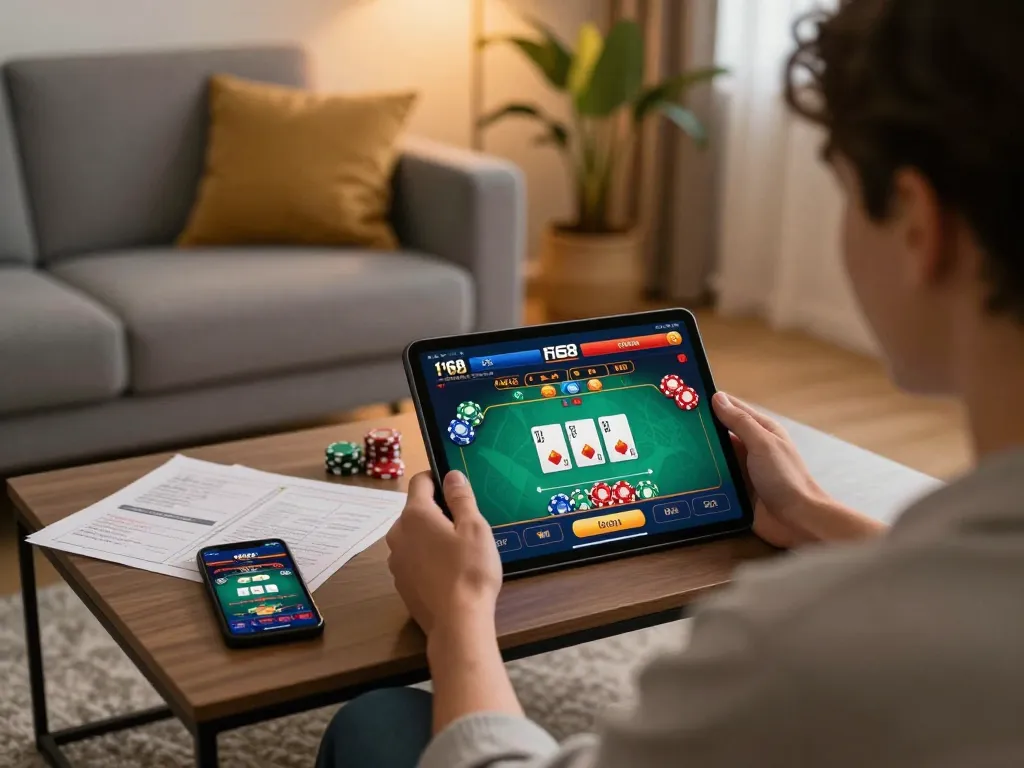 Player enjoying f168 online casino experience on tablet amidst cozy home setup, highlighting strategic gaming.