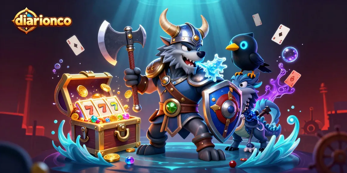 Dive into excitement with diarionco at the vibrant slot games experience featuring a Viking wolf warrior in a treasure-filled underwater scene.