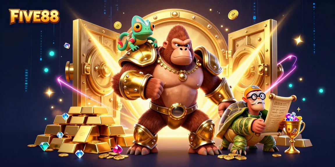 Experience thrilling adventures at FIVE88 with a powerful gorilla, chameleon, and tortoise in a dazzling casino setting.