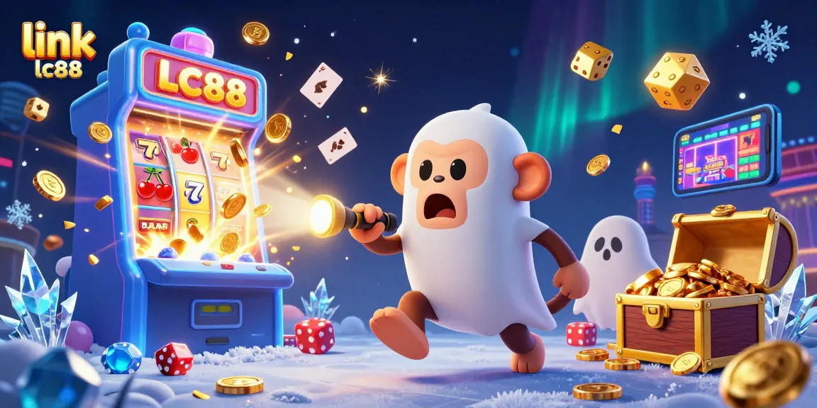 Engage with link lc88, a vivid scene depicting a playful poltergeist monkey juggling golden casino items in the LC88 casino.