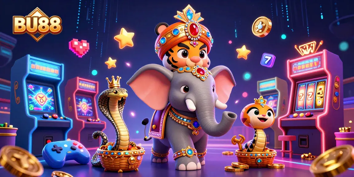 Experience BU88's gaming excitement with a vibrant illustration of a maharaja and casino elements.