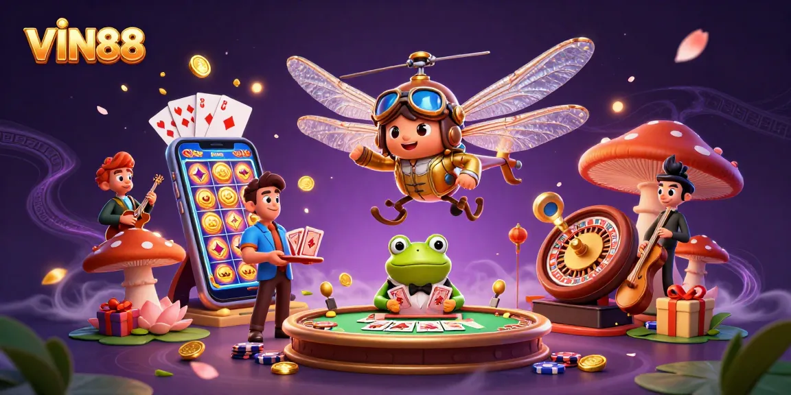 Engage with VIN88’s thrilling card games as a dragonfly pilot and frog dealer animate a vibrant casino scene.