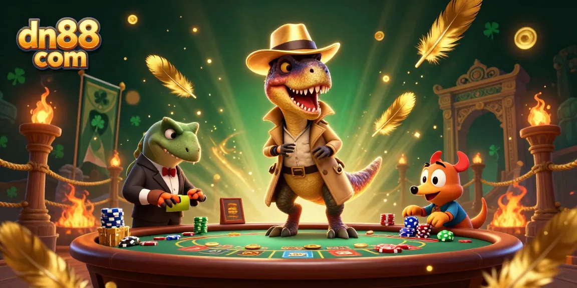 Experience exciting gameplay at dn88 com with cartoon dinosaurs and dynamic casino elements in a vibrant illustration.