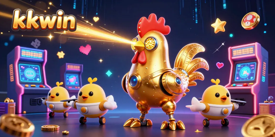 Engage with exciting kkwin gaming action featuring a golden rooster robot and playful chick drones in a colorful casino.