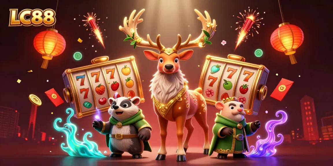Experience the magic of LC88 with an engaging 3D illustration of a druid stag and lucky slot elements.
