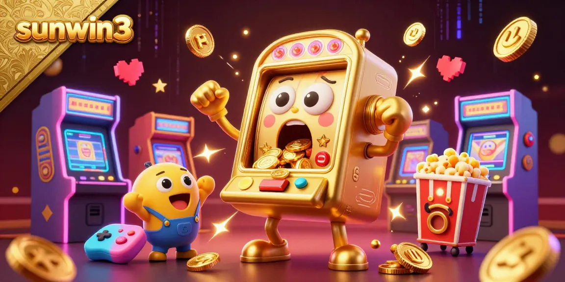 Win big at sunwin3 with a joyful golden slot machine celebrating its jackpot amidst colorful gaming elements.