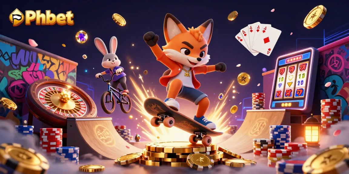 Experience exhilarating wins on Phbet with a dynamic 3D gambling scene featuring a skateboard fox and BMX rabbit.
